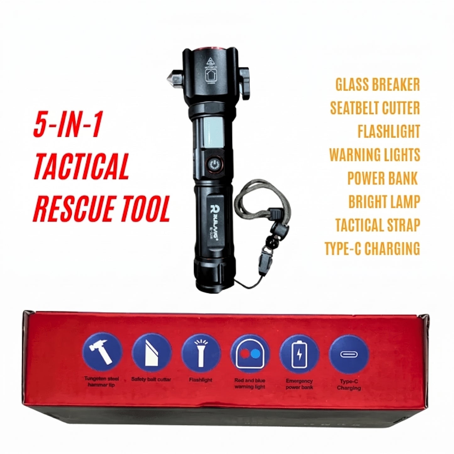 5-in-1 Tactical Multi-Functional Emergency Flashlight